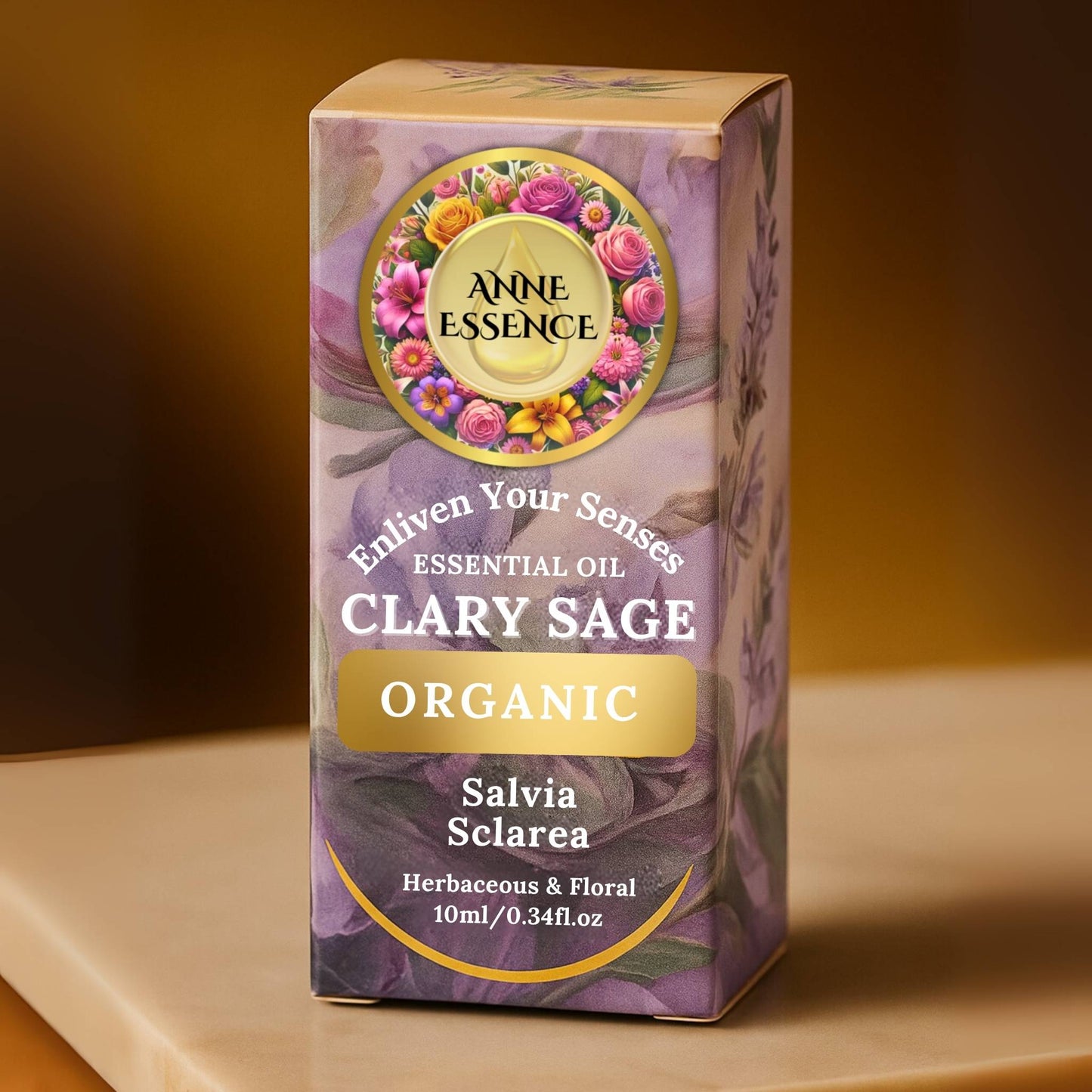 Anne Essence Organic Clary Sage Essential Oil box on a beige surface with a warm background
