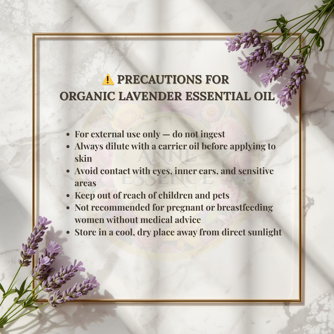 Precautions for organic lavender essential oil on a marble background with lavender flowers inside a golden frame.