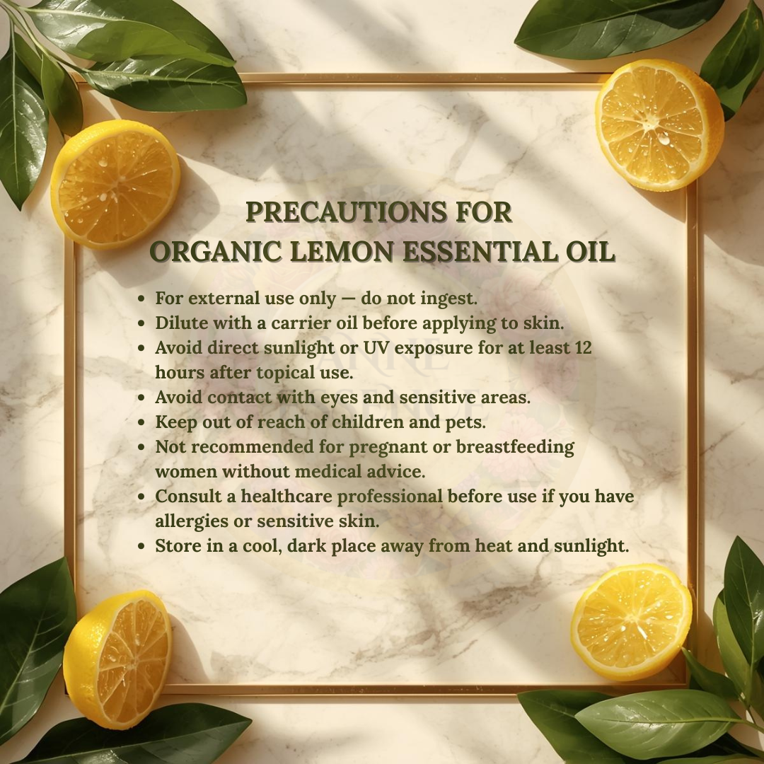 Precautions for Anne Essence Organic Lemon Essential Oil on elegant marble background with lemon slices and green leaves