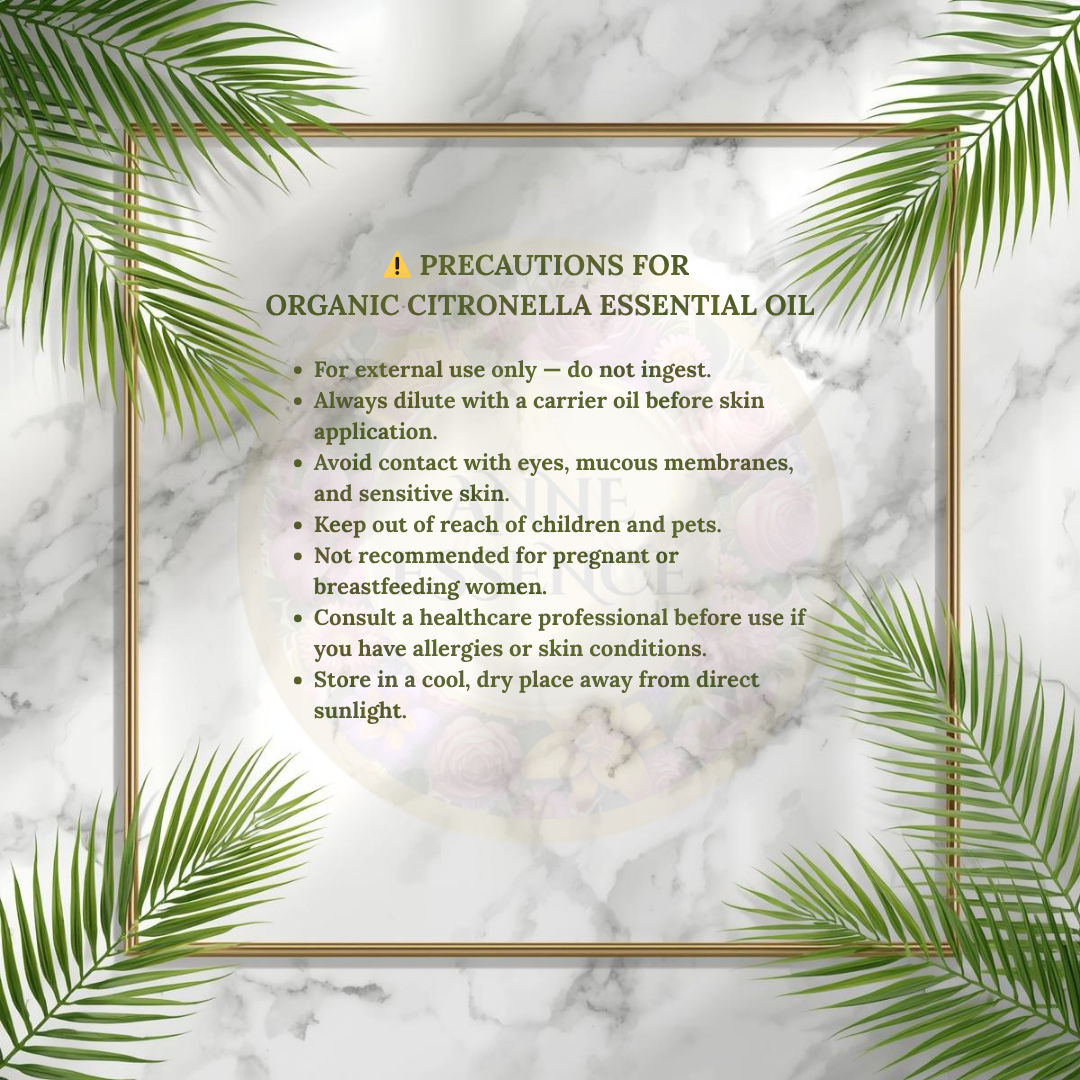 Precautions for organic citronella essential oil on a white marble background with palm and citronella leaves, elegant gold frame and natural wellness theme by Anne Essence
