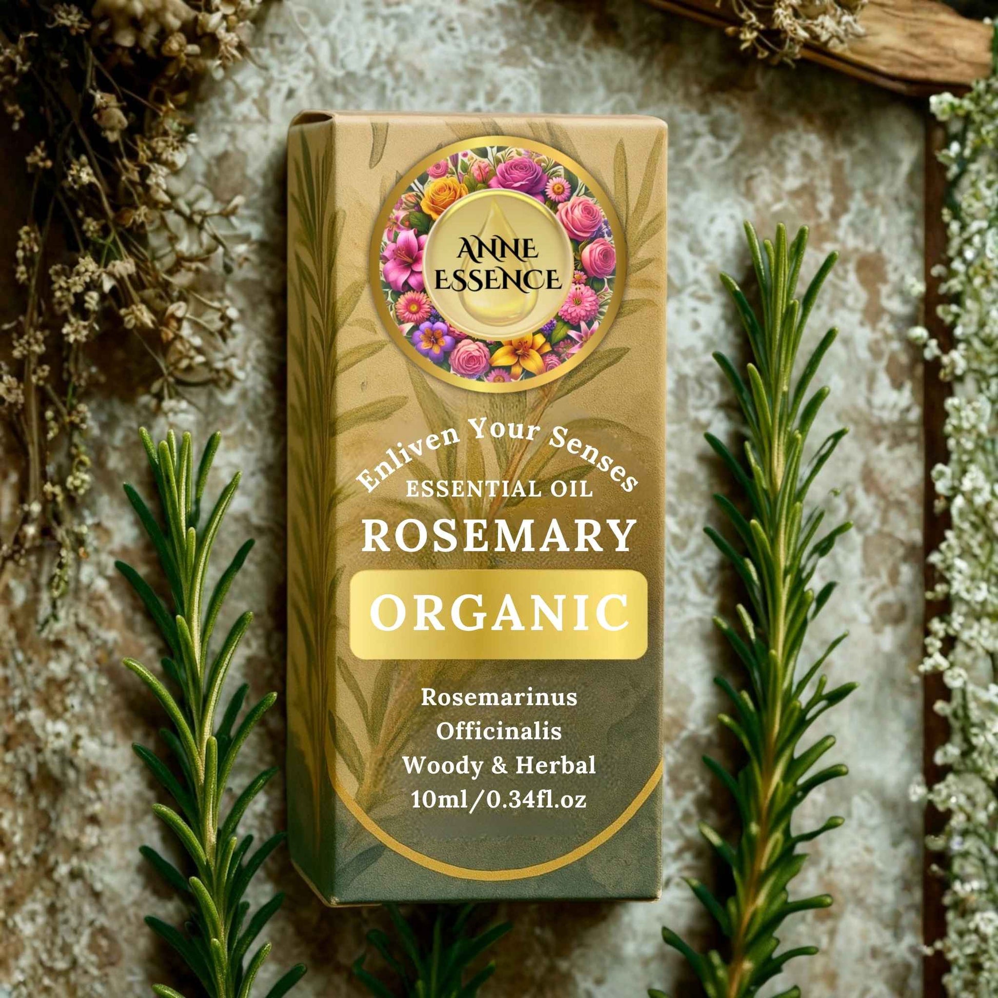 Anne Essence Organic Rosemary Essential Oil box with rosemary sprigs and herbs in the background