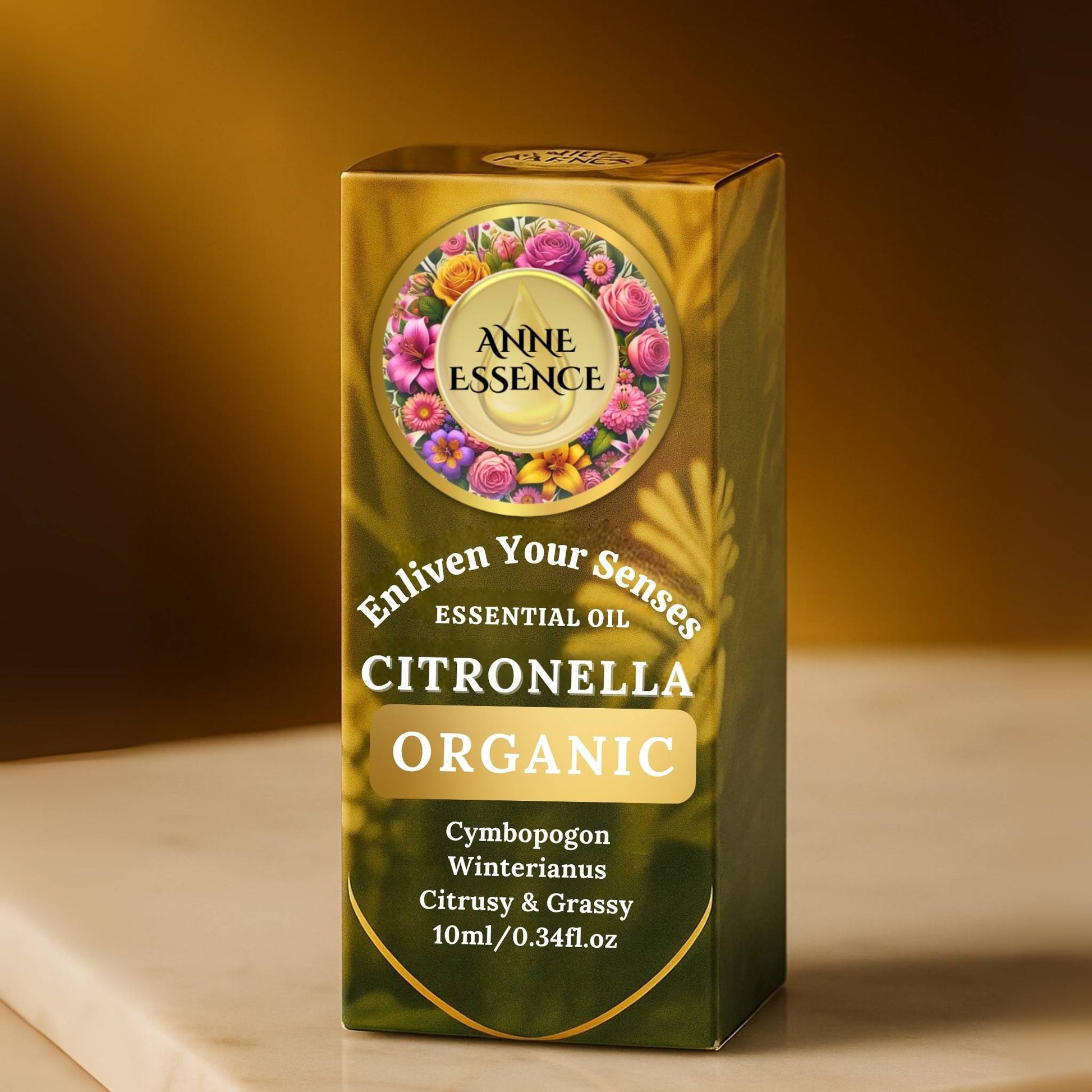 Anne Essence Organic Citronella Essential Oil box on marble surface