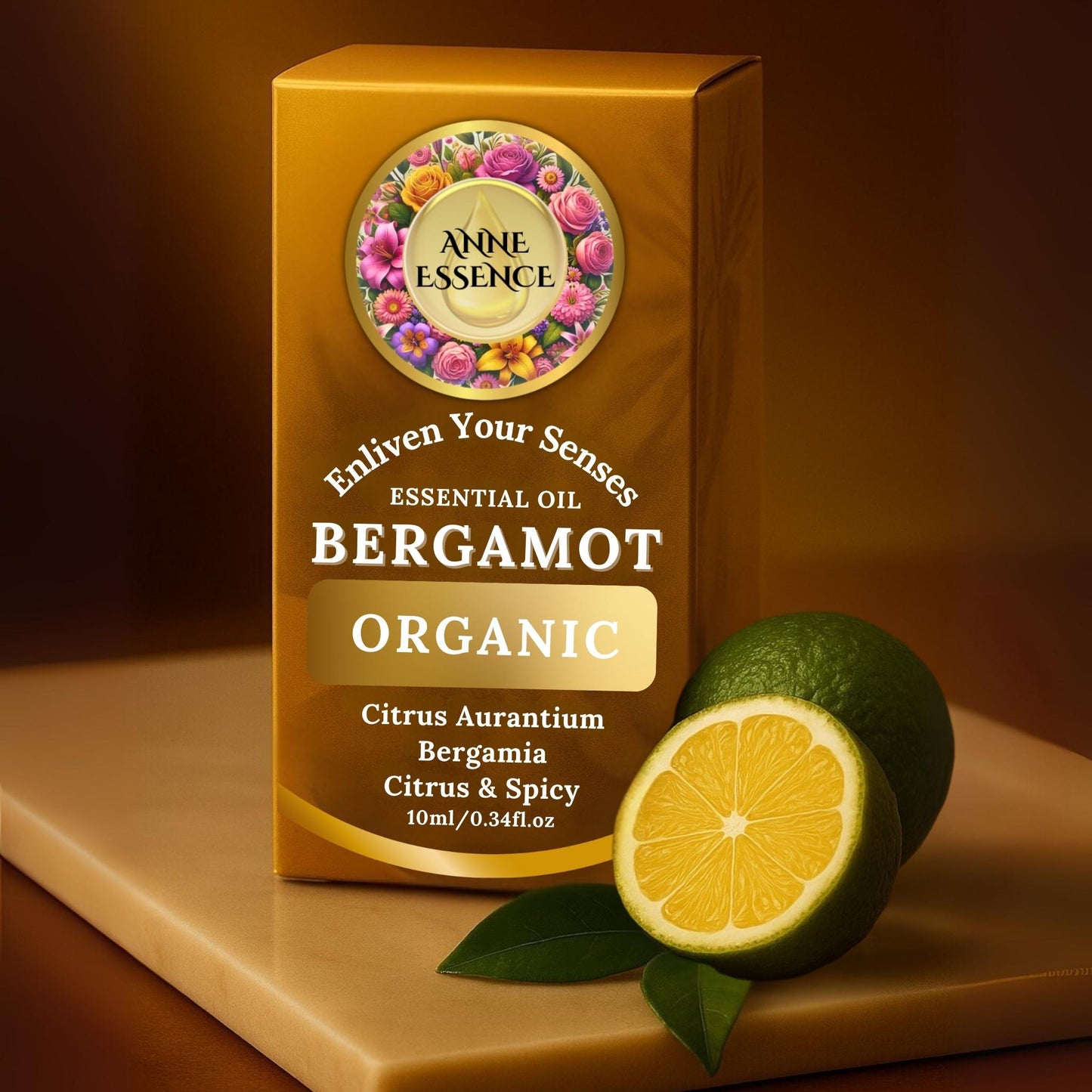 Anne Essence Organic Bergamot Essential Oil box with fresh bergamot fruit on a brown background