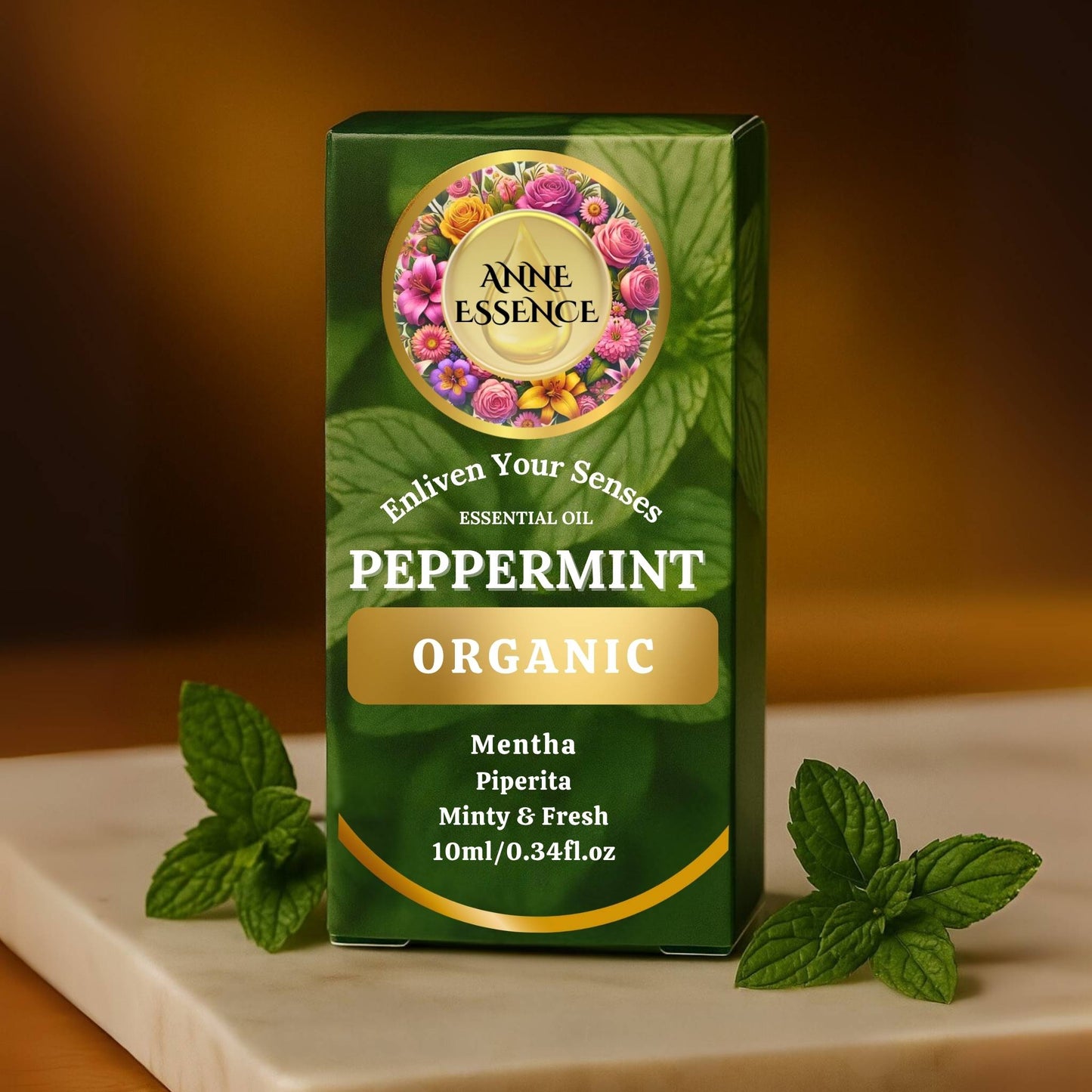 Anne Essence Organic Peppermint Essential Oil box with fresh mint leaves on marble surface