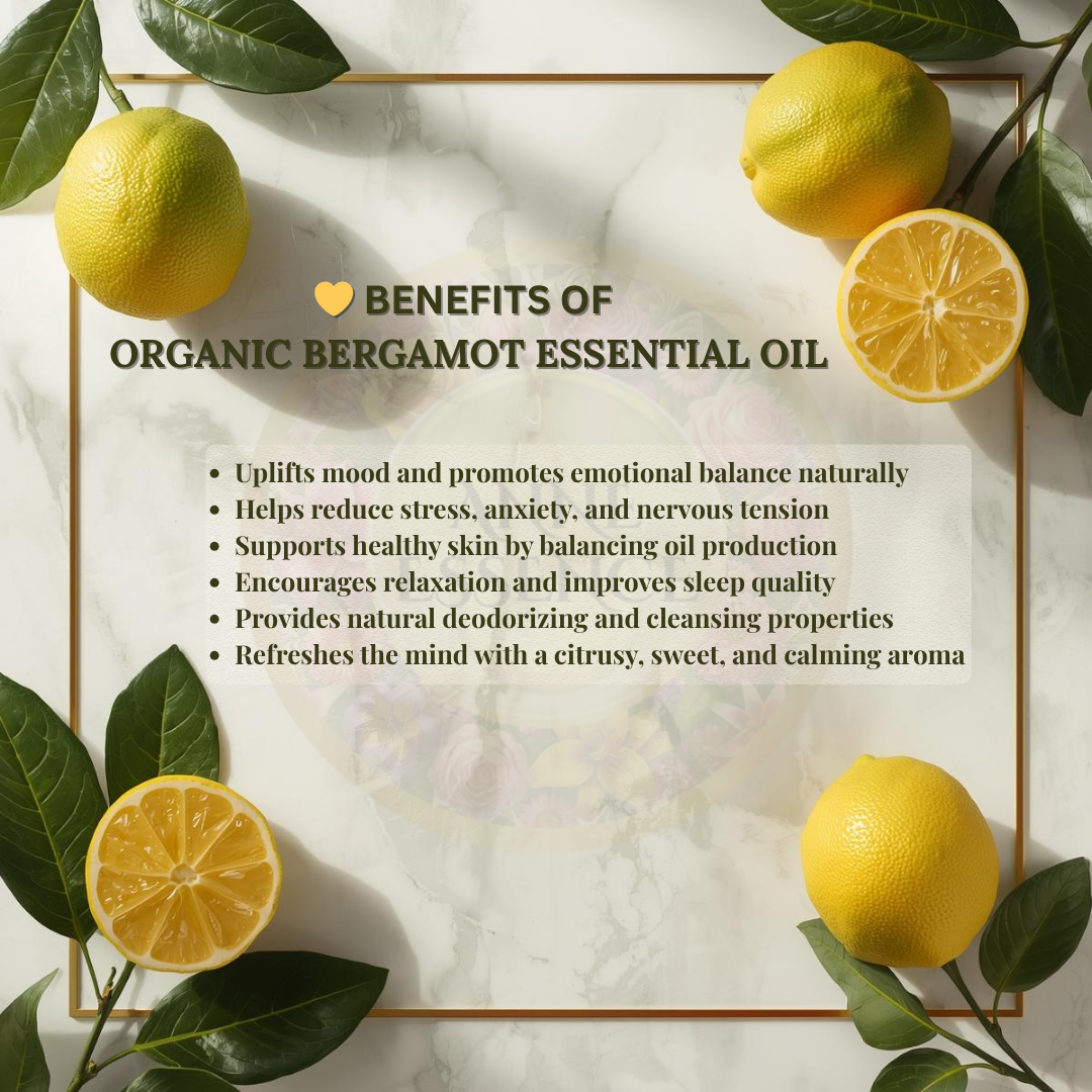Benefits of Organic Bergamot Essential Oil with bergamot fruits and green leaves on a white marble background