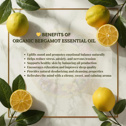 Benefits of Organic Bergamot Essential Oil with bergamot fruits and green leaves on a white marble background