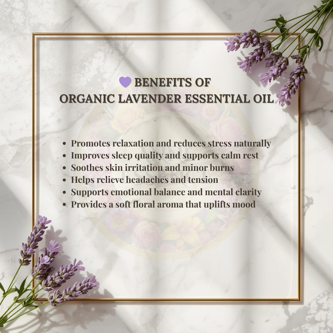 List of benefits for organic lavender essential oil with lavender flowers on a marble background inside a golden frame.