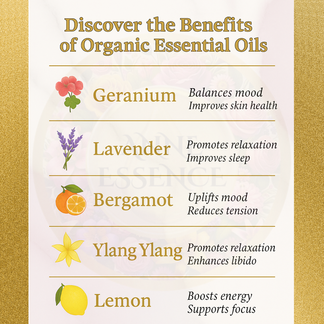 List of organic essential oils with their benefits on a white background with a gold border.