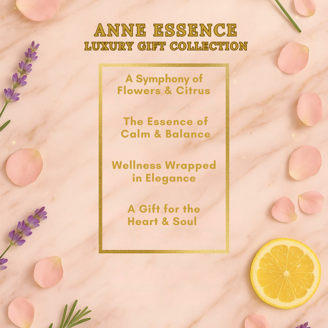 Advertisement for Anne Essence Luxury Gift Collection with flowers, lemon, and text on a pink background
