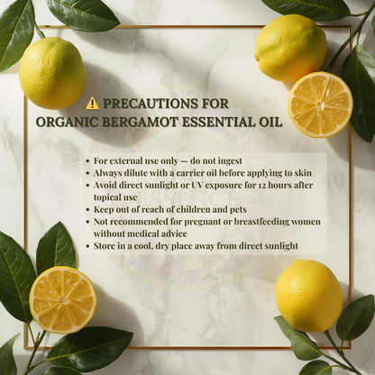 Precautions for Organic Bergamot Essential Oil with bergamot fruits and green leaves on a white marble background