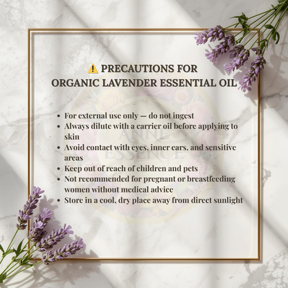 Precautions for organic lavender essential oil on a marble background with lavender flowers inside a golden frame.