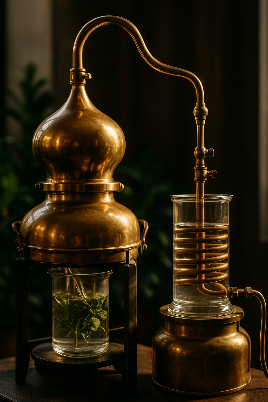 Traditional copper steam distillation apparatus used to extract pure organic essential oils at Anne Essence®