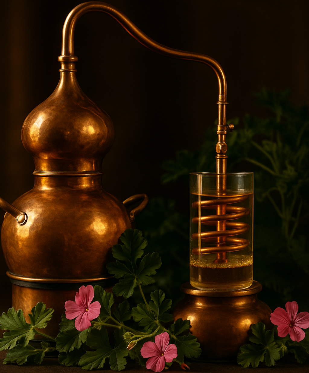 Copper still with a glass of liquid and geranium flowers on a dark background
