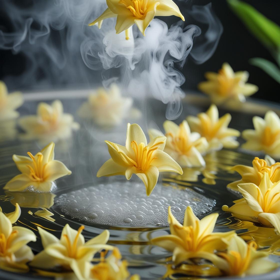 Ylang Ylang flowers floating on water with steam rising above, against a dark background