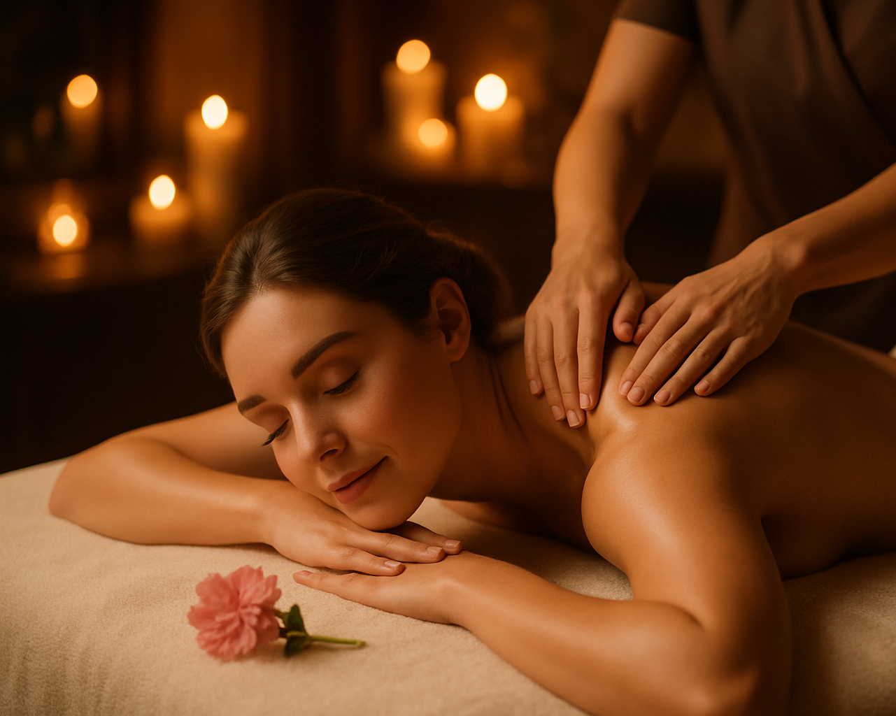 A beautiful British woman lying face down on a soft ivory towel bed, receiving a relaxing back massage in a luxury aromatherapy spa. The room is softly lit with warm golden candlelight, blurred background, gentle shadows, couple of geranium flowers on bed  and elegant ambience. The woman has a calm, peaceful expression as the therapist massages her back. The scene feels luxurious, serene, and soothing — professional photography, cinematic lighting, warm tones