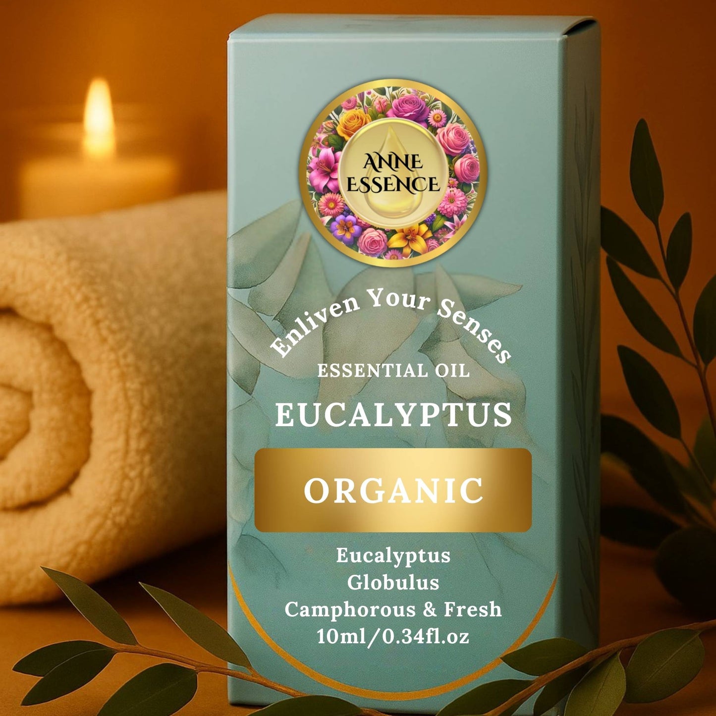 Box of Anne Essence Eucalyptus essential oil with a candle and towel in the background