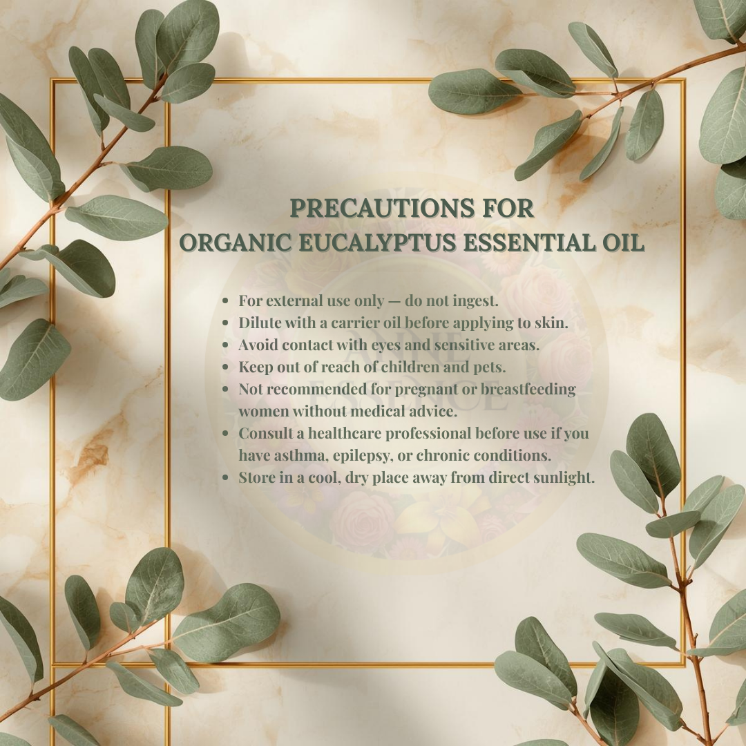 Precautions for Anne Essence Organic Eucalyptus Essential Oil on elegant marble and gold botanical background with eucalyptus leaves