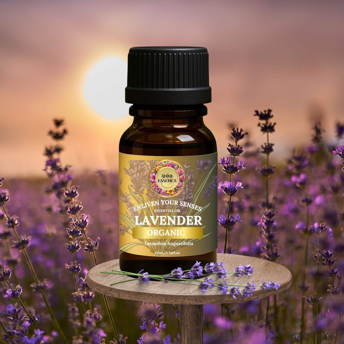 Anne Essence Organic Lavender Essential Oil bottle with lavender flowers in the background at sunset
