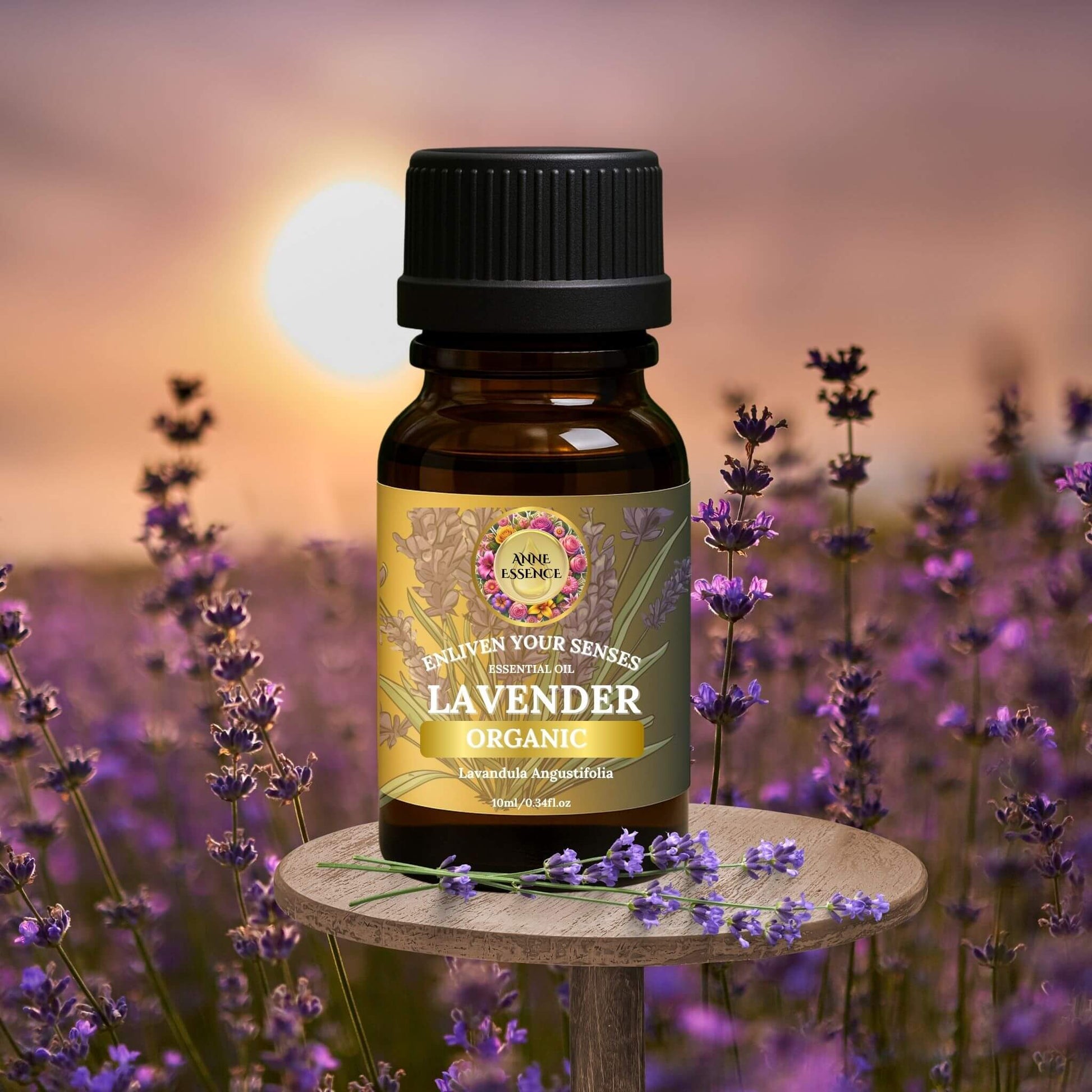 Anne Essence Organic Lavender Essential Oil bottle with lavender flowers in the background at sunset
