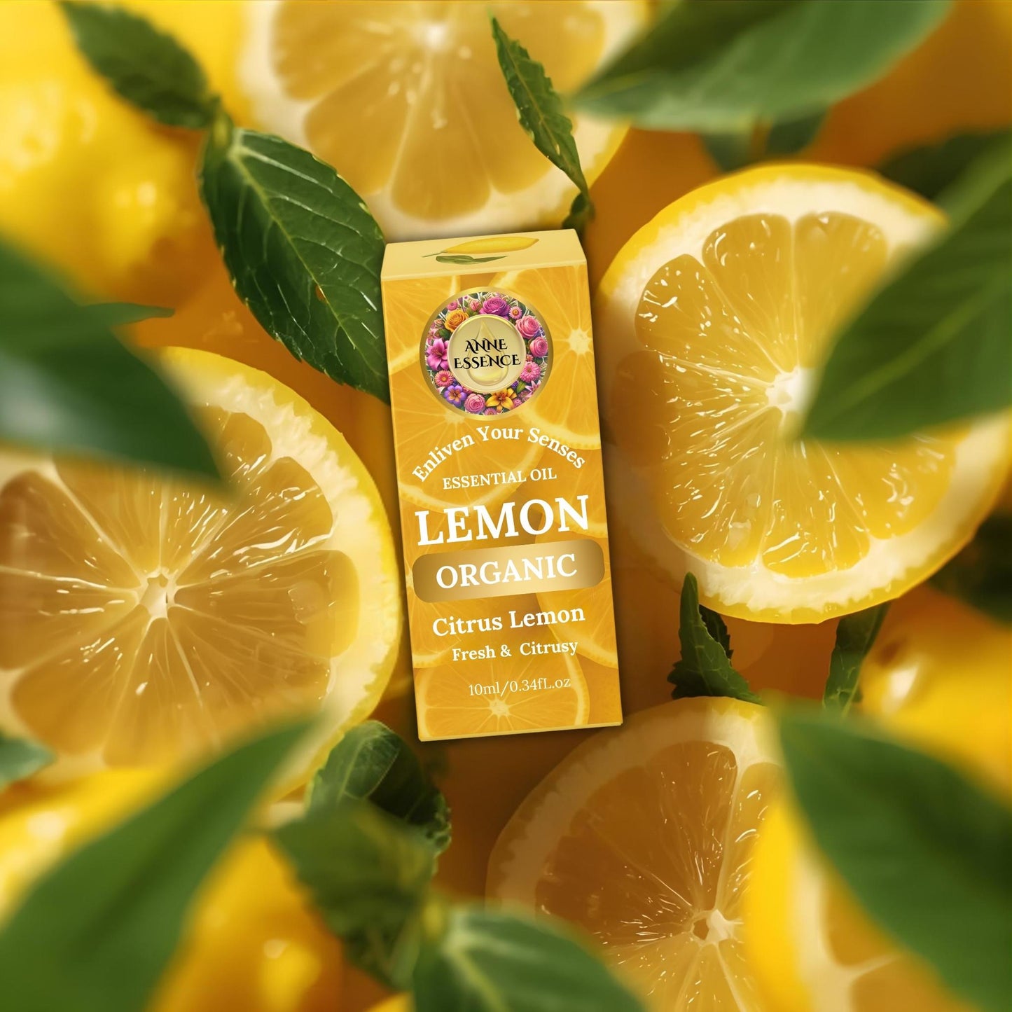 Anne Essence Organic Lemon Essential Oil box surrounded by sliced lemons and fresh green leaves
