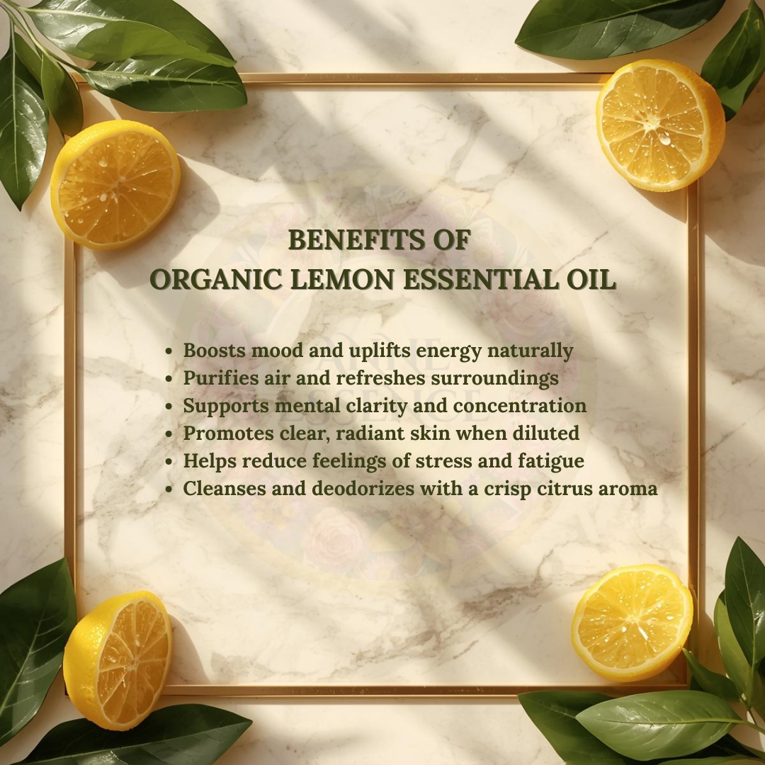 List of benefits of Anne Essence Organic Lemon Essential Oil with lemon slices and green leaves on a marble and gold background