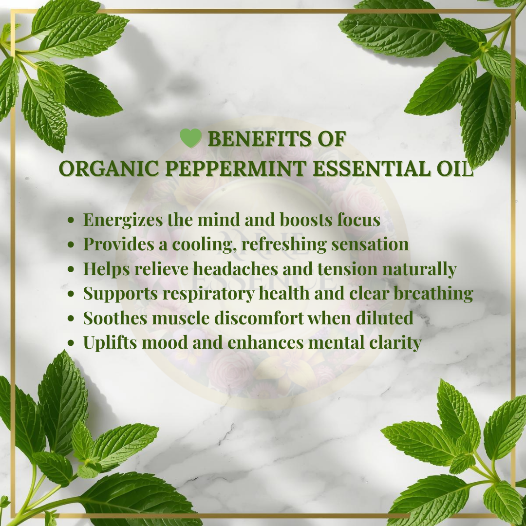 List of benefits of organic peppermint essential oil with fresh green peppermint leaves on a white marble background and gold frame, luxury natural design by Anne Essence