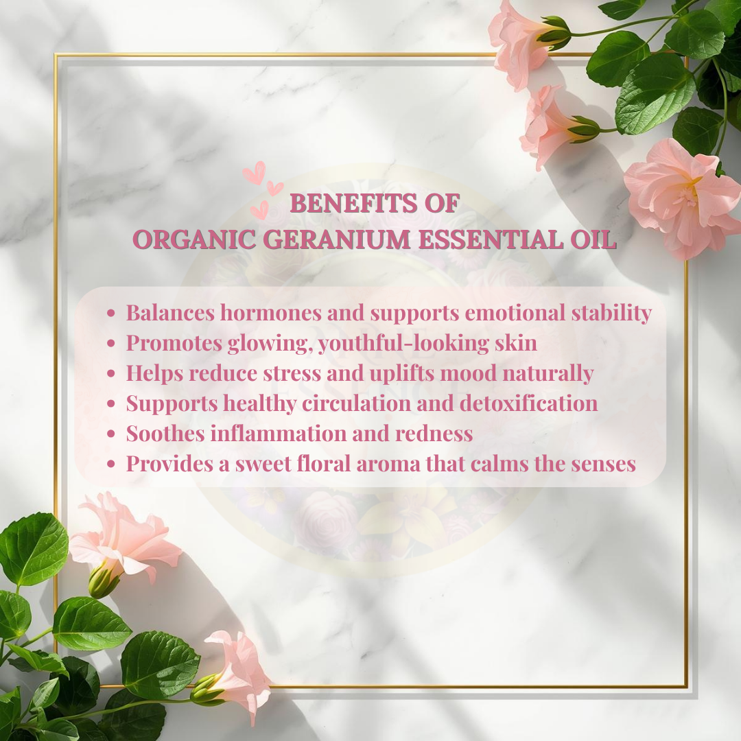 List of benefits for organic geranium essential oil with soft pink geranium blossoms and green leaves on a white marble background inside a golden frame.