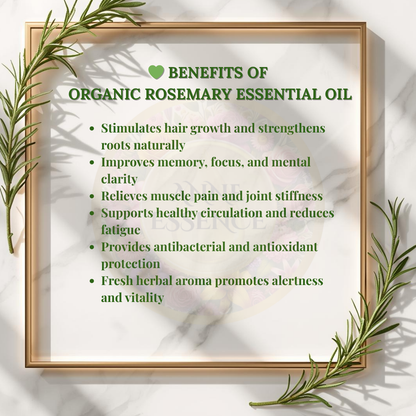 List of benefits of organic rosemary essential oil with rosemary sprigs on a white marble background and golden frame.