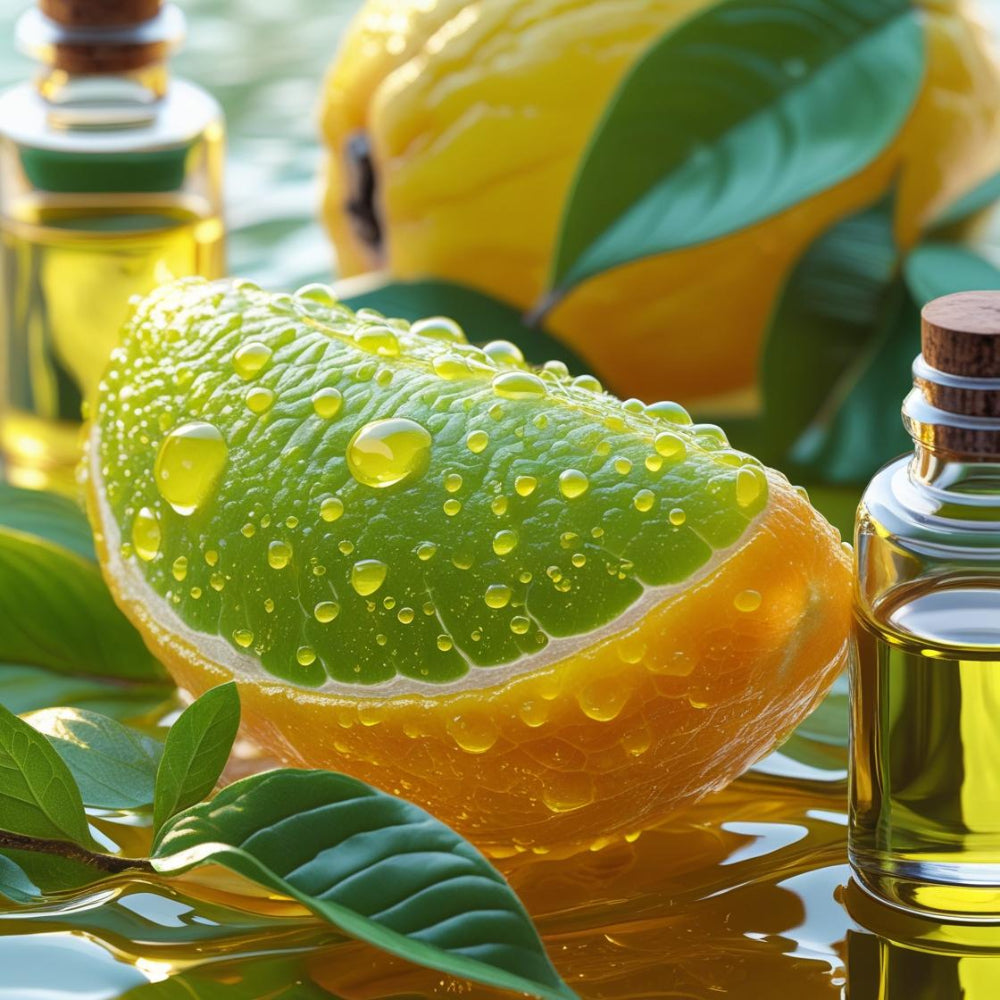 Fresh organic bergamot fruit peel with essential oil bottles, representing the cold expression extraction method used by Anne Essence®
