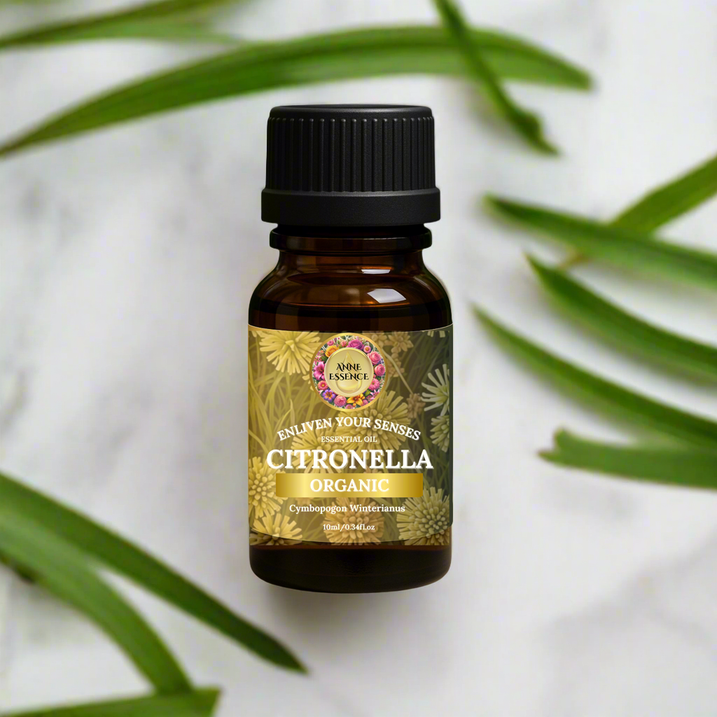 Bottle of organic citronella essential oil with black cap on a white marble background surrounded by fresh citronella leaves, premium aromatherapy product by Anne Essence
