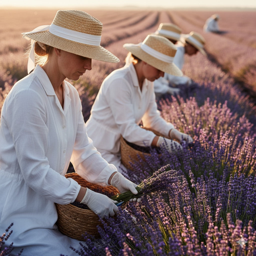 People harvesting lavender in a field with straw hats and white clothing.