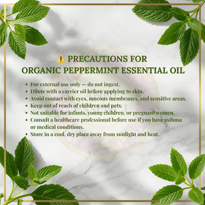 Precautions for organic peppermint essential oil with fresh green mint leaves on a white marble background and gold frame, luxury aromatherapy design by Anne Essence