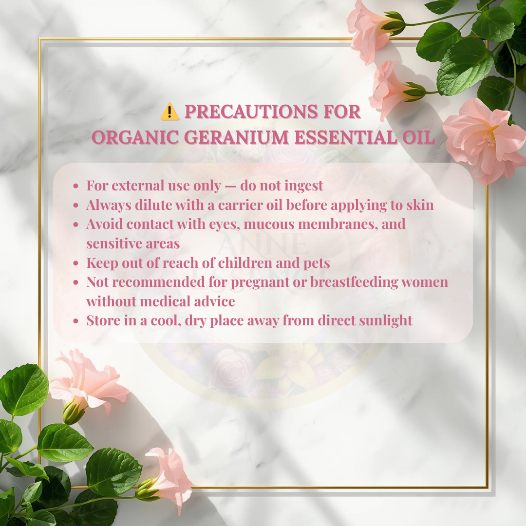Precautions for organic geranium essential oil displayed on a white marble background with soft pink geranium blossoms, green leaves, and a golden frame for an elegant floral look.