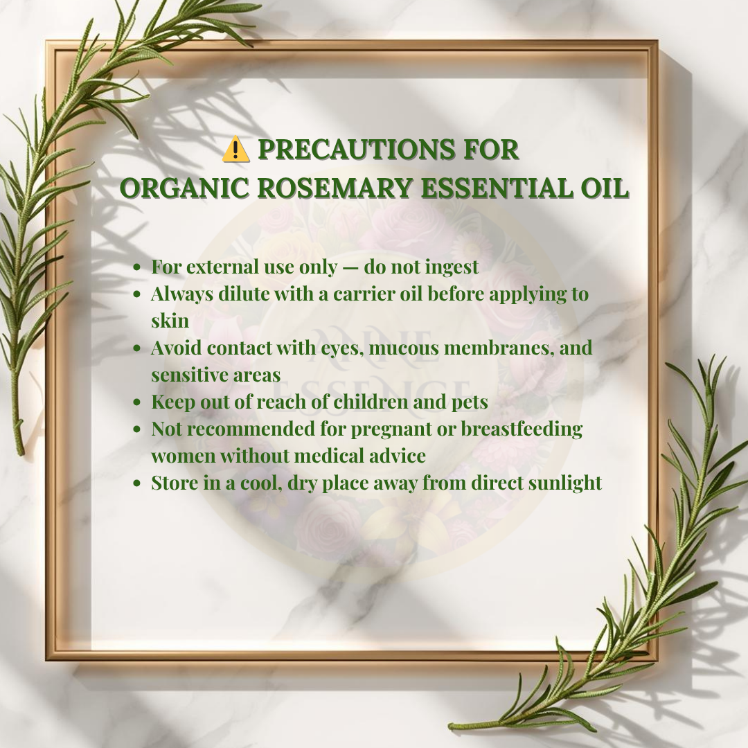 Precautions for organic rosemary essential oil on a white marble background with rosemary sprigs and a golden frame.